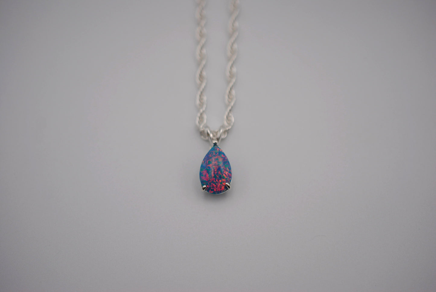 Pear Synthetic Opal in Silver Setting Pendant Necklace on Rope Chain