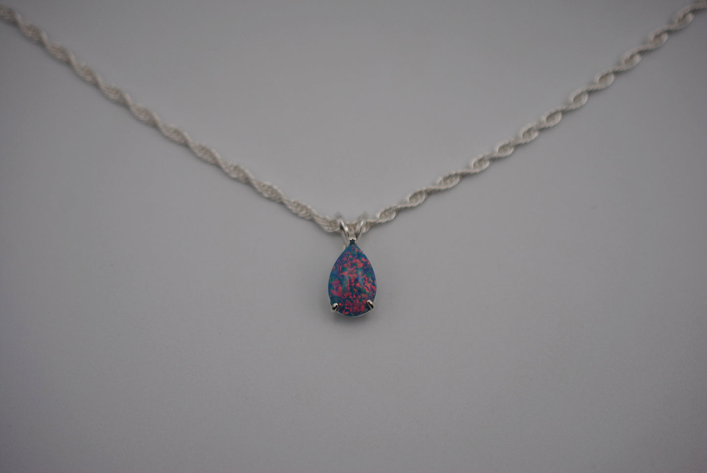 Pear Synthetic Opal in Silver Setting Pendant Necklace on Rope Chain