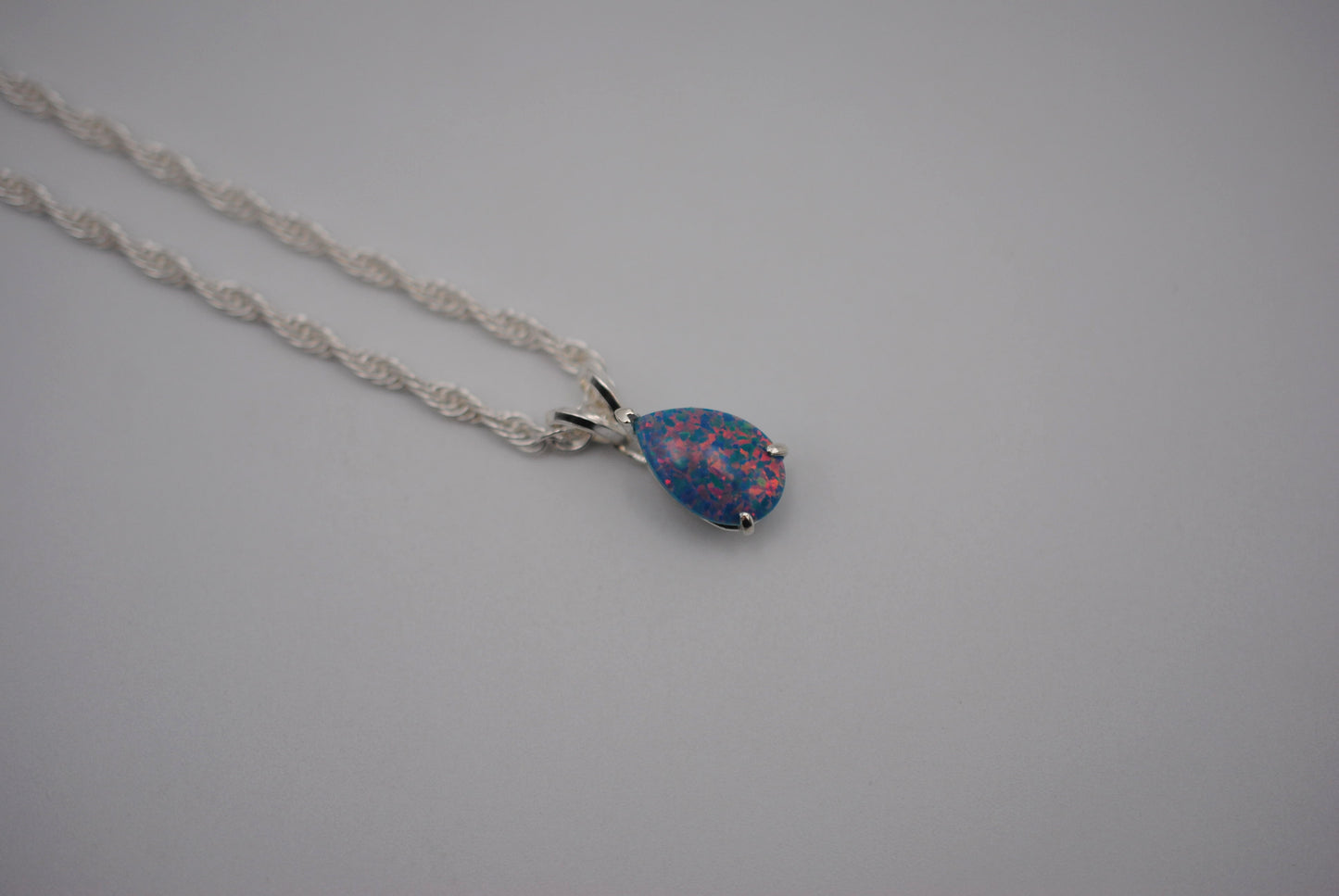Pear Synthetic Opal in Silver Setting Pendant Necklace on Rope Chain
