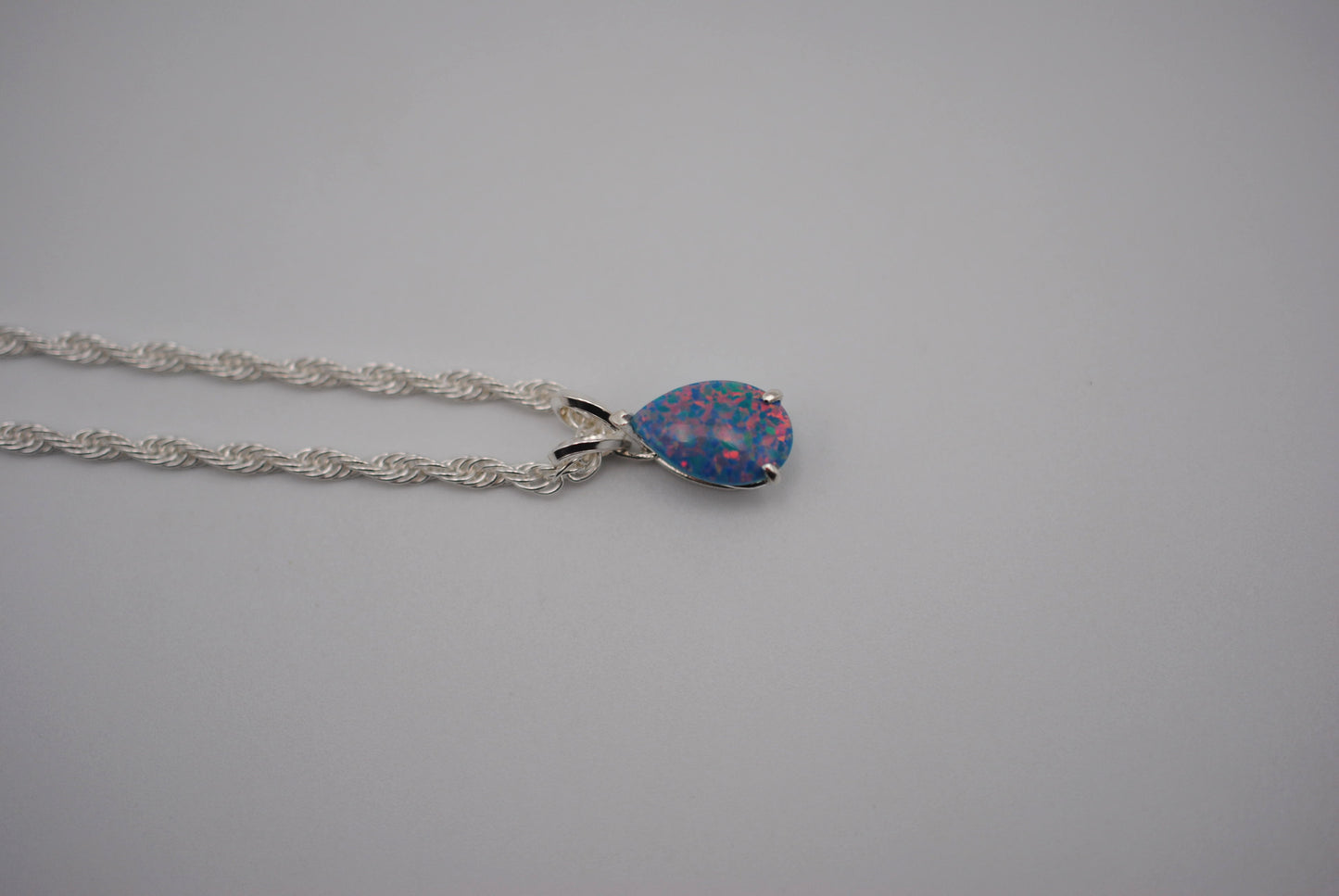 Pear Synthetic Opal in Silver Setting Pendant Necklace on Rope Chain