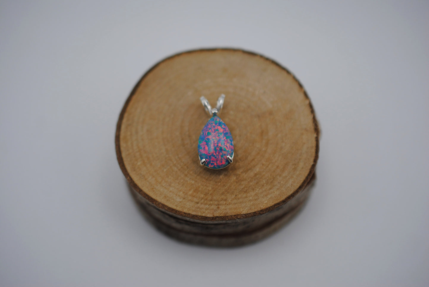 Pear Synthetic Opal in Silver Setting Pendant Necklace on Rope Chain