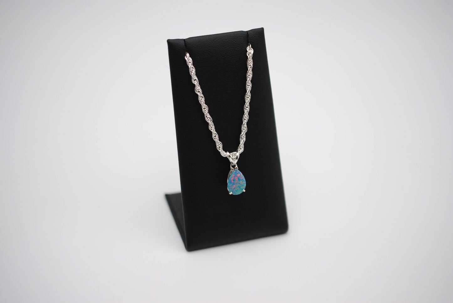 Pear Synthetic Opal in Silver Setting Pendant Necklace on Rope Chain