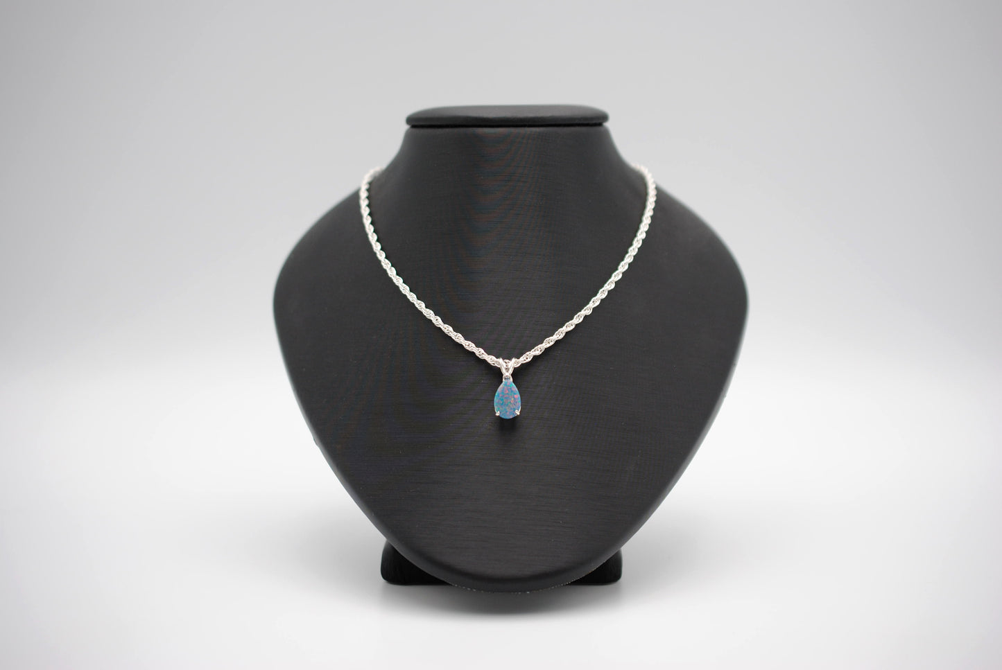 Pear Synthetic Opal in Silver Setting Pendant Necklace on Rope Chain