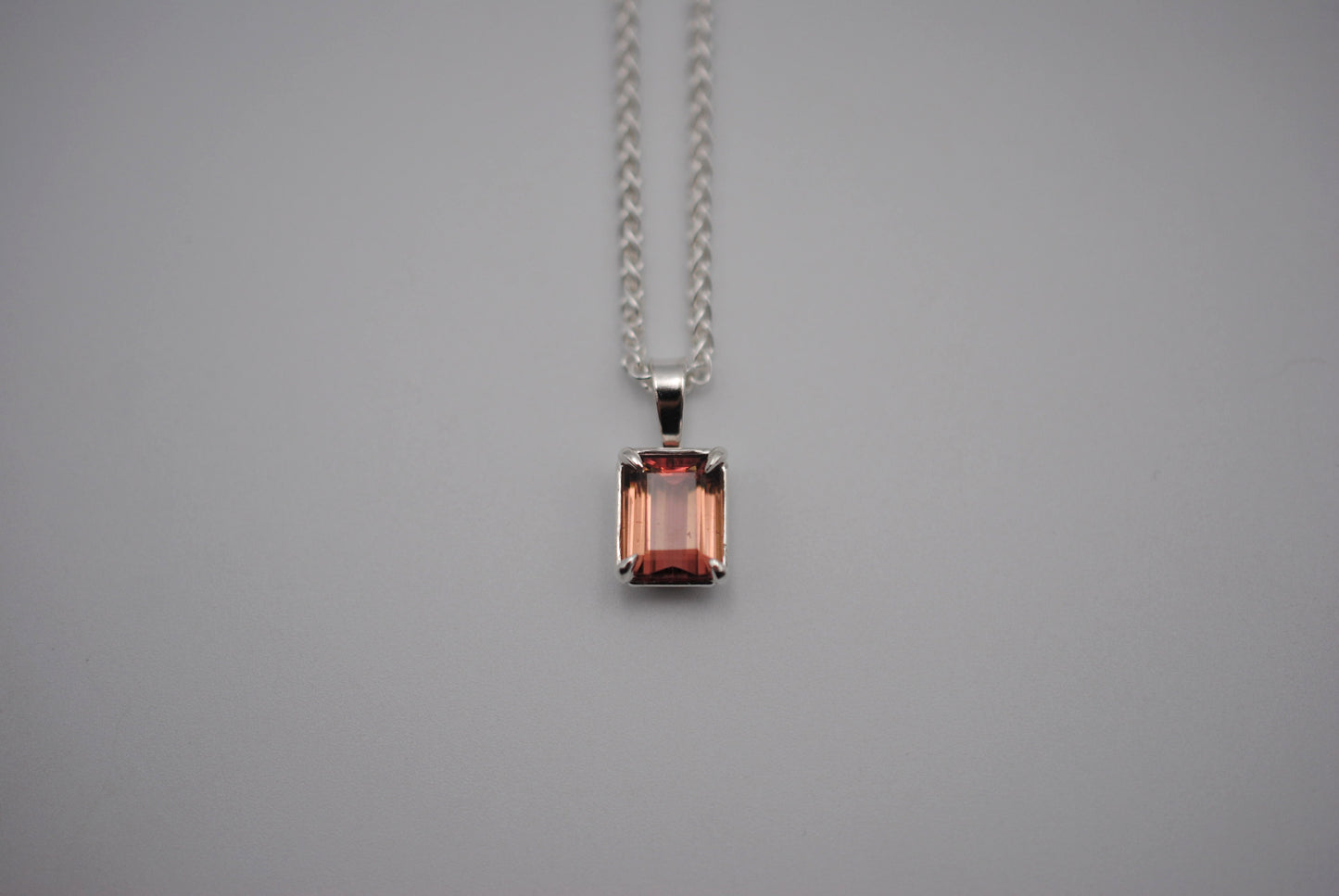 Pink Tourmaline Necklace: Emerald Cut, Silver Leaf Basket Setting, Silver Wheat Chain