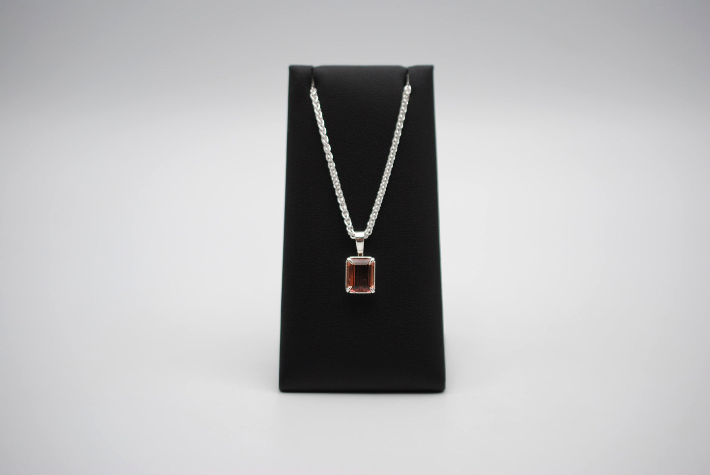 Pink Tourmaline Necklace: Emerald Cut, Silver Leaf Basket Setting, Silver Wheat Chain