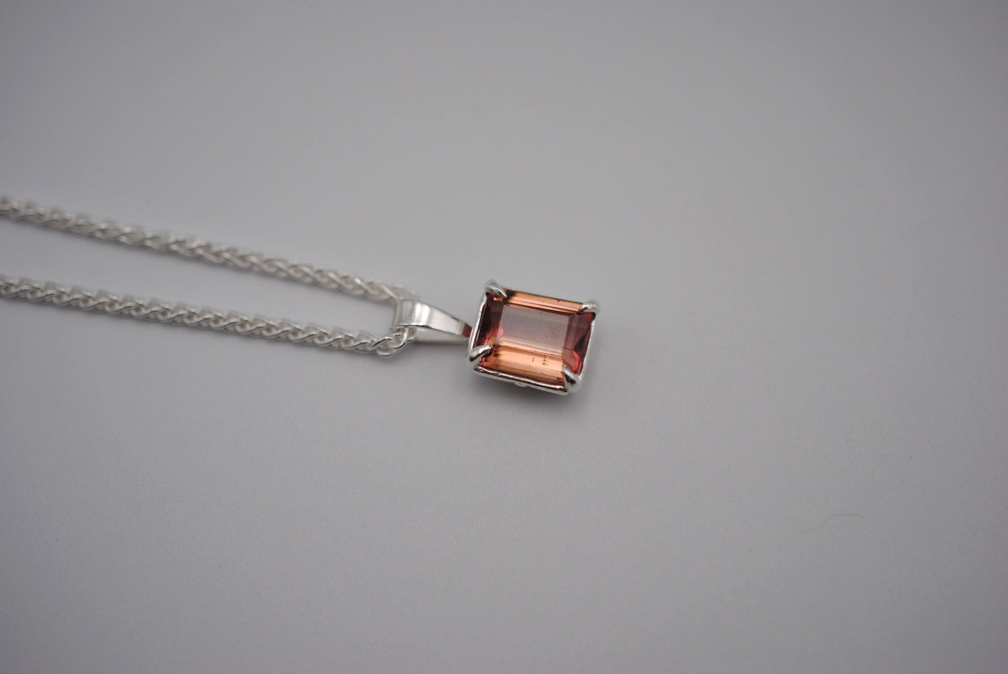 Pink Tourmaline Necklace: Emerald Cut, Silver Leaf Basket Setting, Silver Wheat Chain