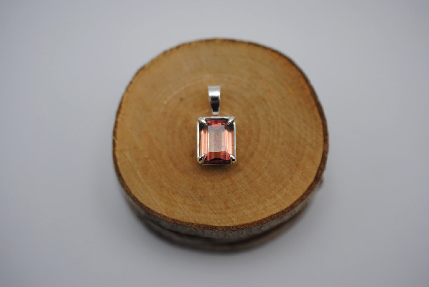 Pink Tourmaline Necklace: Emerald Cut, Silver Leaf Basket Setting, Silver Wheat Chain
