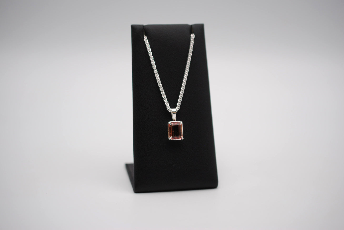 Pink Tourmaline Necklace: Emerald Cut, Silver Leaf Basket Setting, Silver Wheat Chain