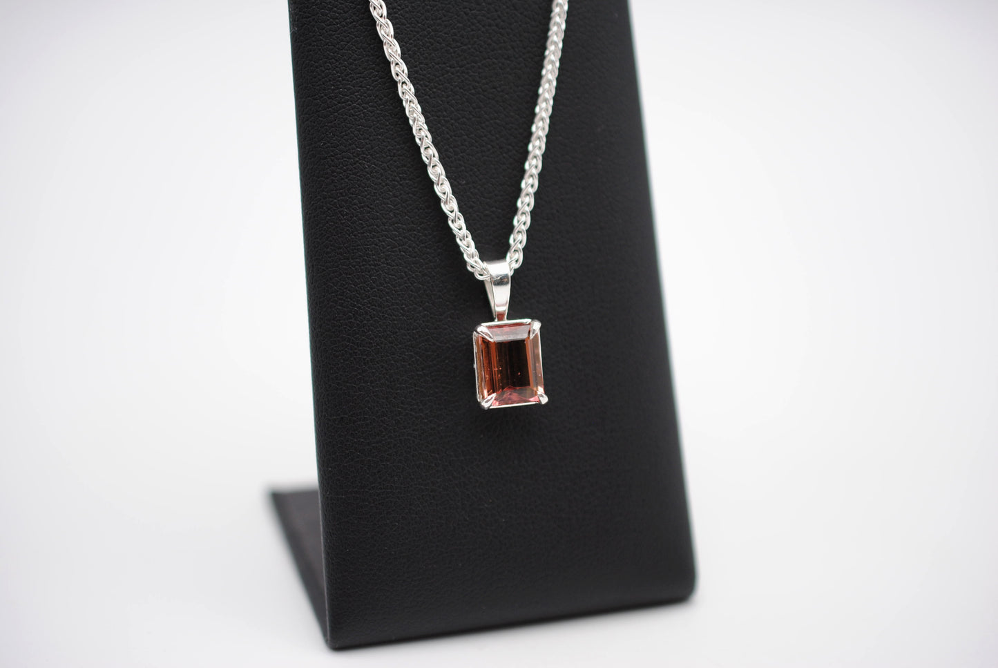 Pink Tourmaline Necklace: Emerald Cut, Silver Leaf Basket Setting, Silver Wheat Chain