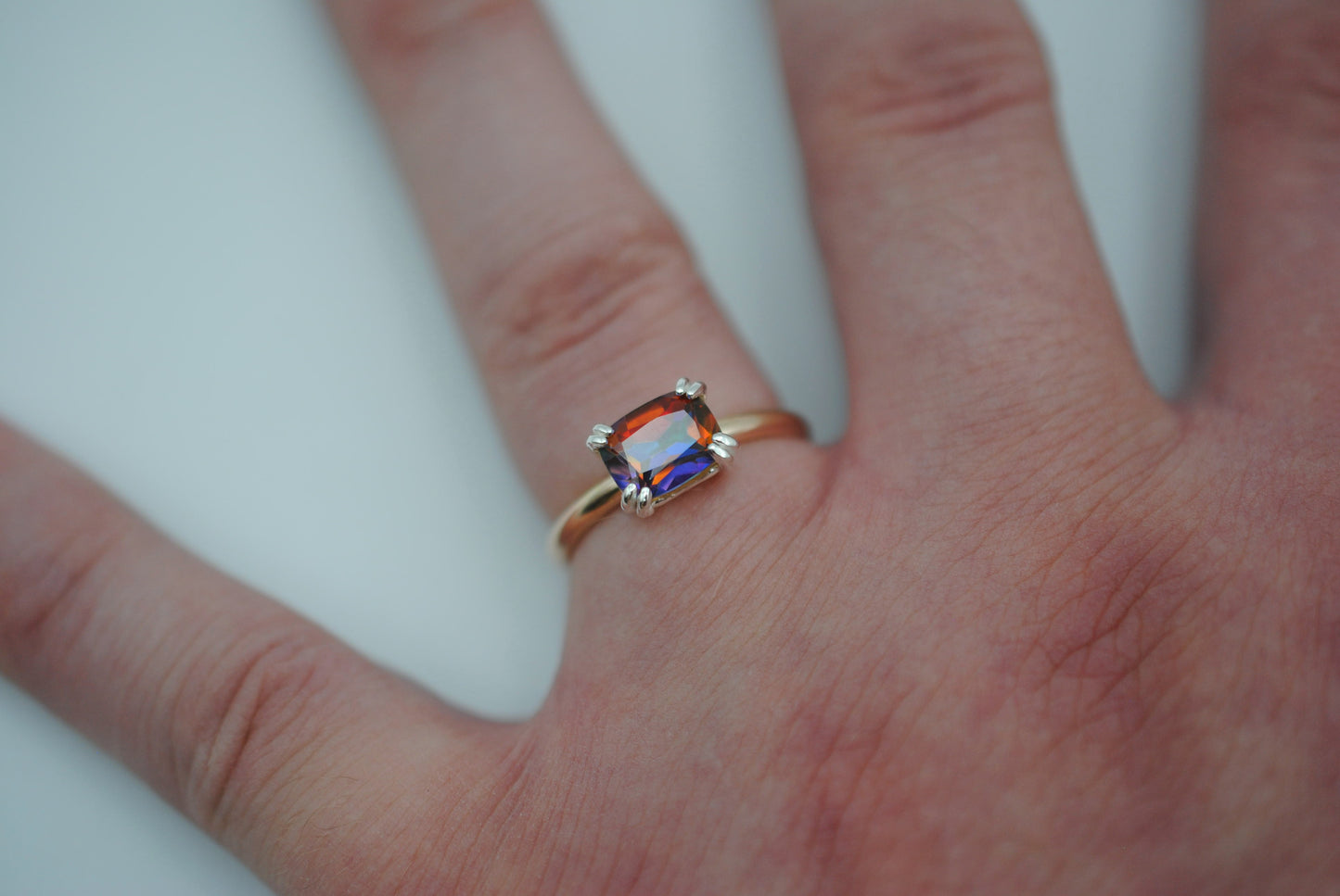 Mystic Topaz Ring: Emerald Cut, Yellow Gold Fill Band, Silver Setting