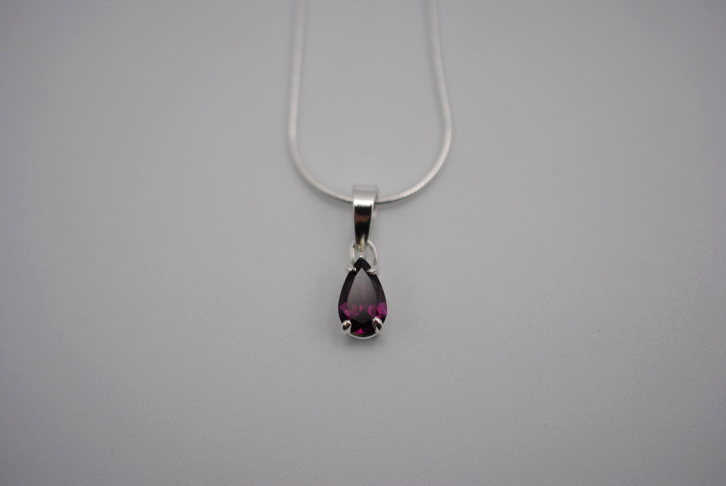 Rhodolite Garnet Necklace: Pear Cut, Silver Setting, Snake Chain