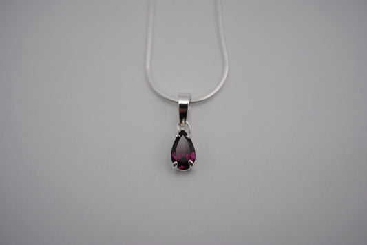 Rhodolite Garnet Necklace: Pear Cut, Silver Setting, Snake Chain