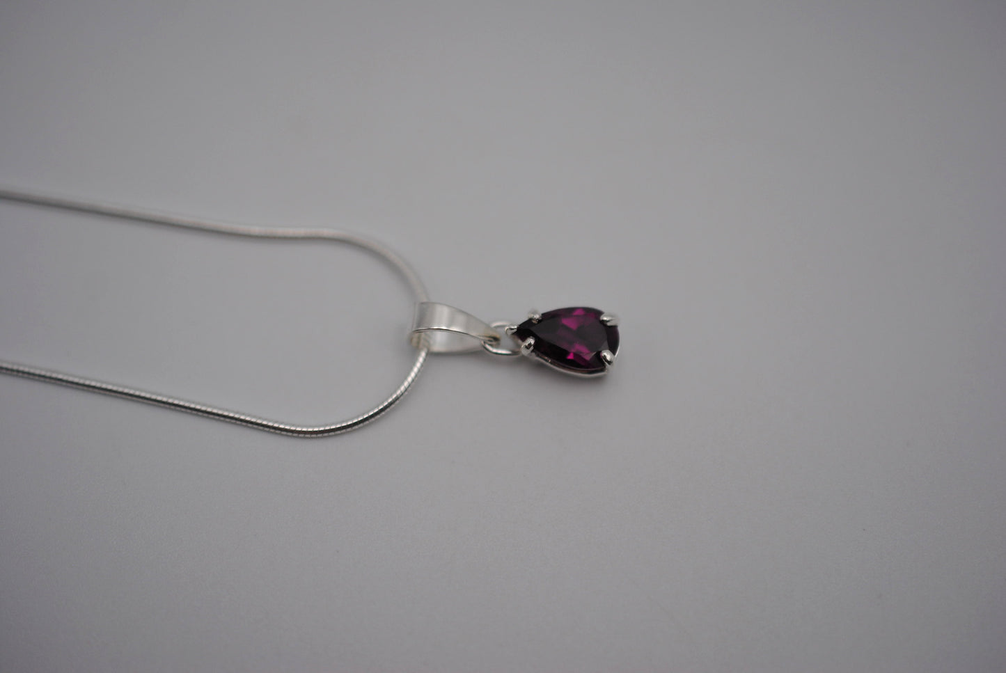 Rhodolite Garnet Necklace: Pear Cut, Silver Setting, Snake Chain