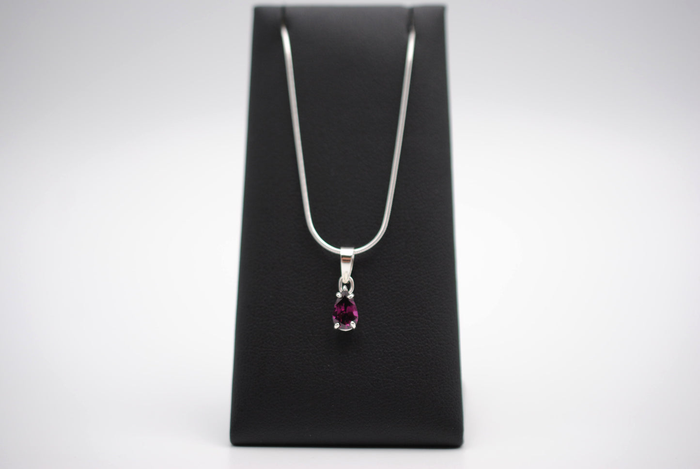Rhodolite Garnet Necklace: Pear Cut, Silver Setting, Snake Chain