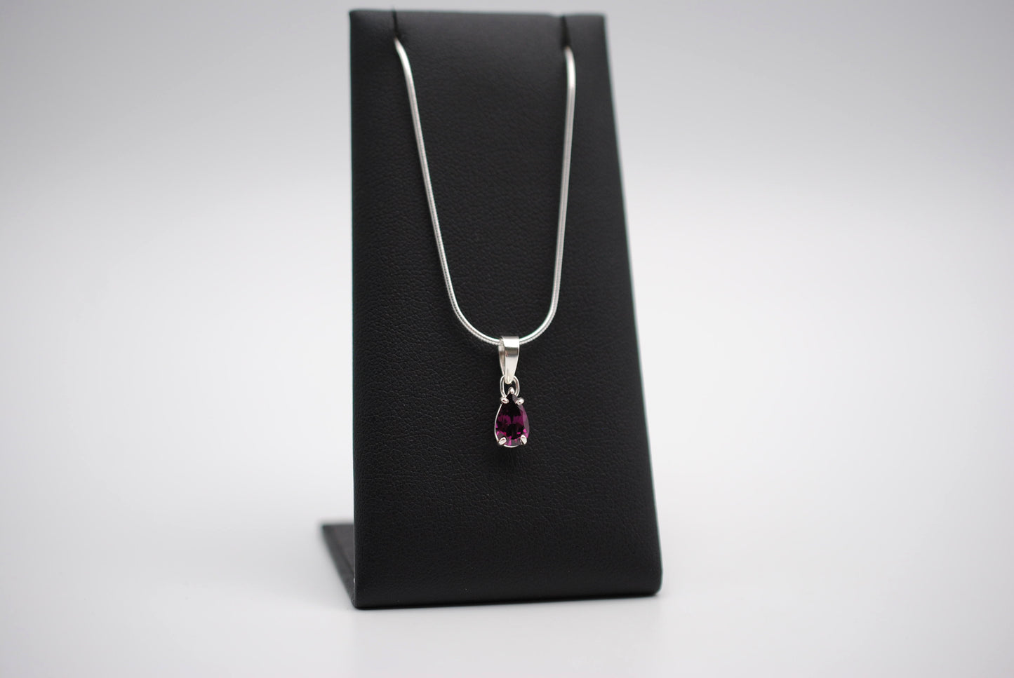 Rhodolite Garnet Necklace: Pear Cut, Silver Setting, Snake Chain