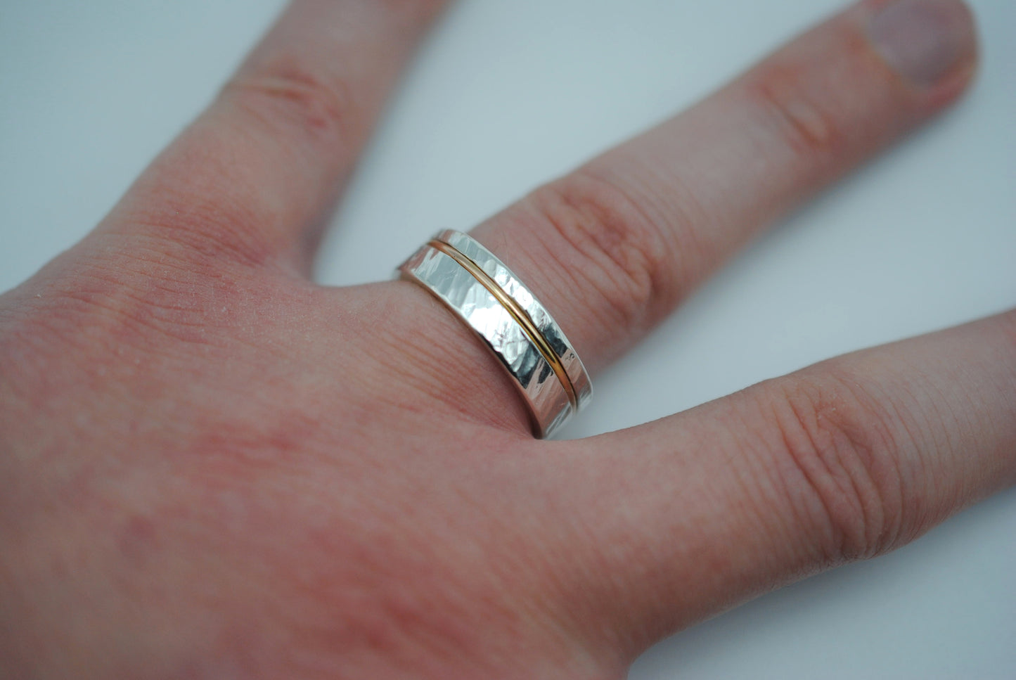 Ring Band: Silver, Rose Gold Inlay, Bark High Polish