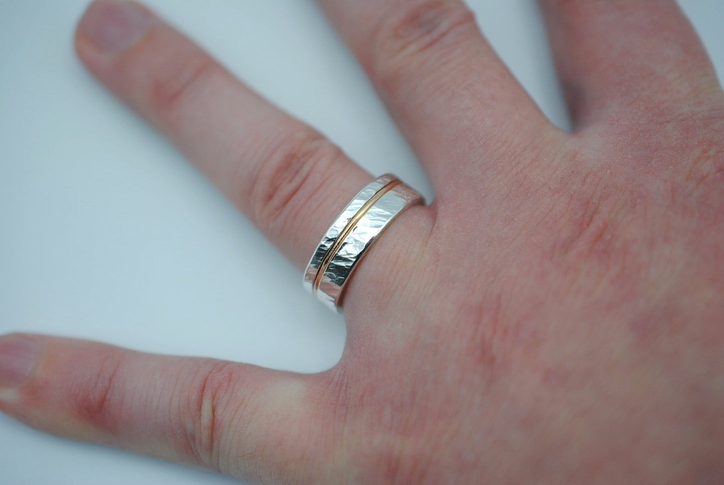 Ring Band: Silver, Rose Gold Inlay, Bark High Polish