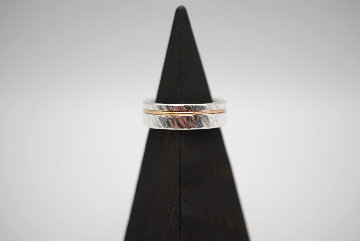 Ring Band: Silver, Rose Gold Inlay, Bark High Polish
