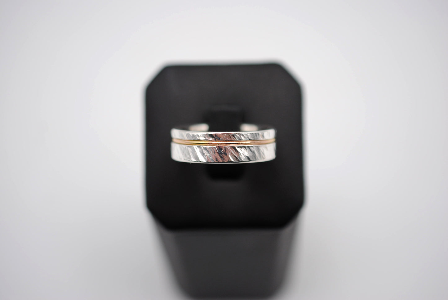 Ring Band: Silver, Rose Gold Inlay, Bark High Polish