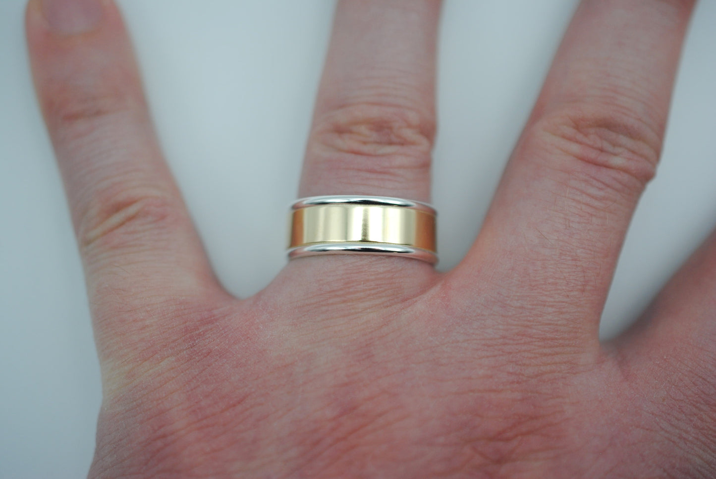Ring Band: Yellow Gold, Silver Banding, High Polished