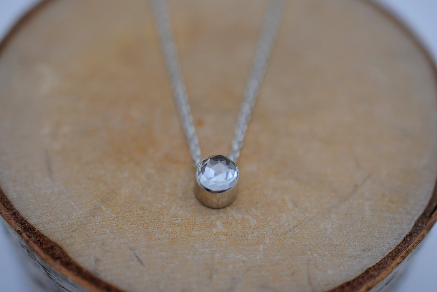 Natural White Topaz Rose Cut in Bezel Setting Pendant Finished in Rhodium