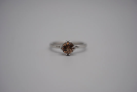 Round Oregon Sunstone Solitaire Ring with Double Prongs on Textured Band