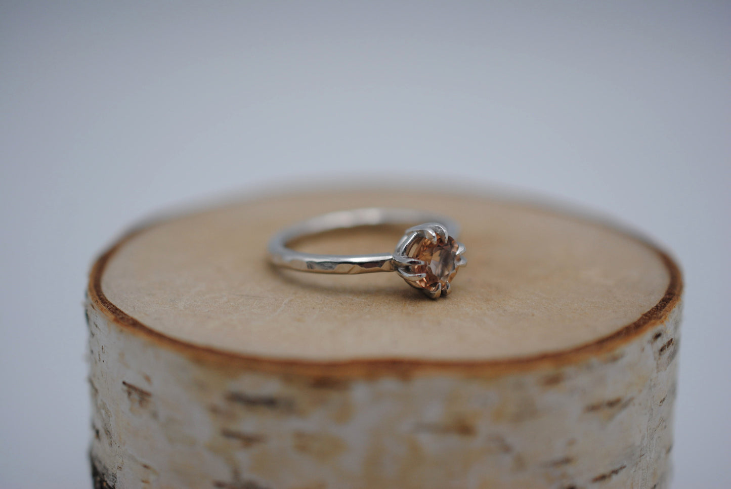 Round Oregon Sunstone Solitaire Ring with Double Prongs on Textured Band