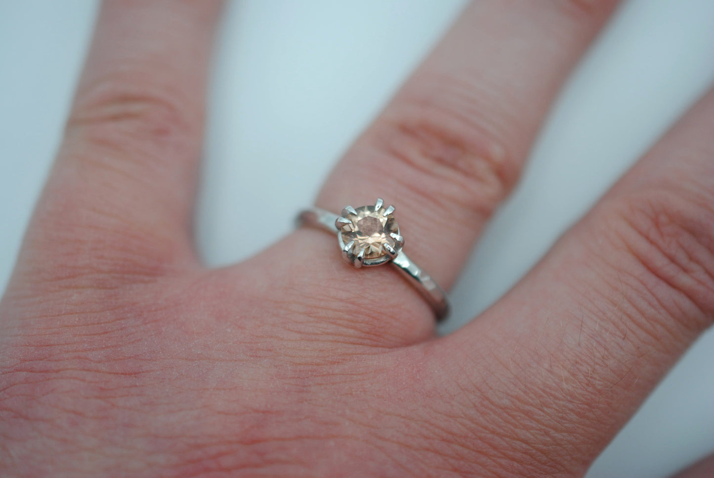 Round Oregon Sunstone Solitaire Ring with Double Prongs on Textured Band