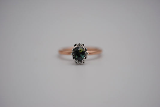 Oval Nigerian Sapphire on Rose Gold Band in Vintage Diamond White Gold Setting Ring