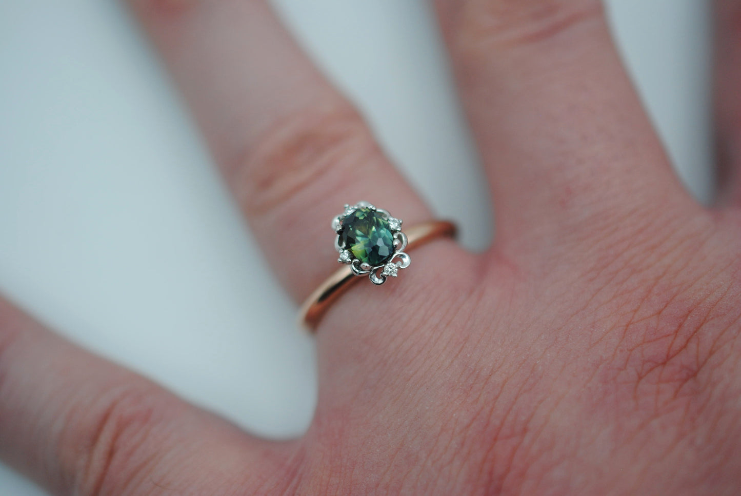 Oval Nigerian Sapphire on Rose Gold Band in Vintage Diamond White Gold Setting Ring