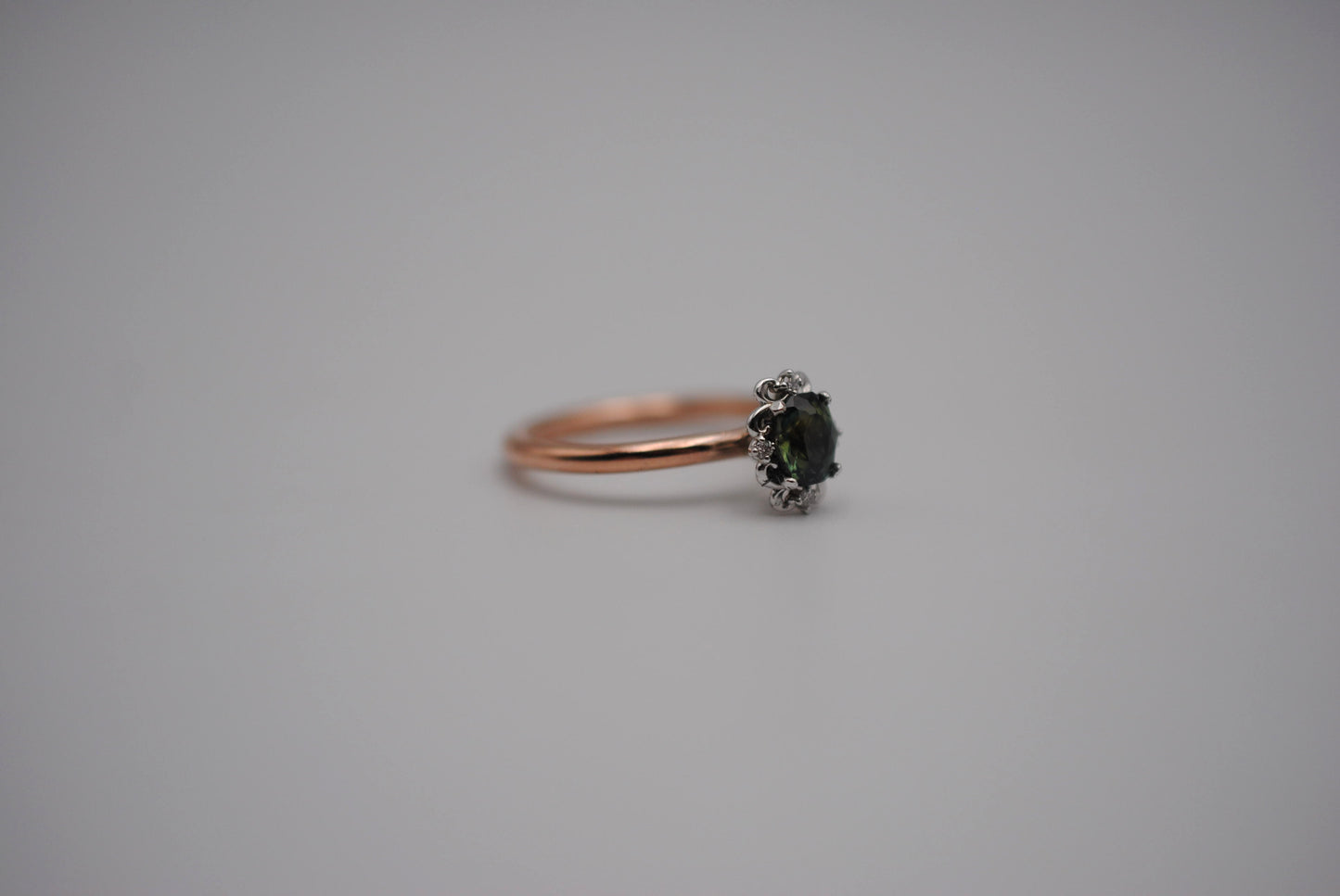 Oval Nigerian Sapphire on Rose Gold Band in Vintage Diamond White Gold Setting Ring