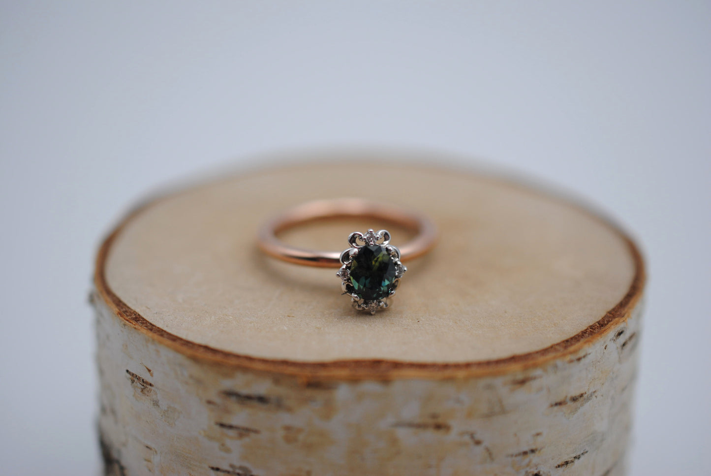 Oval Nigerian Sapphire on Rose Gold Band in Vintage Diamond White Gold Setting Ring