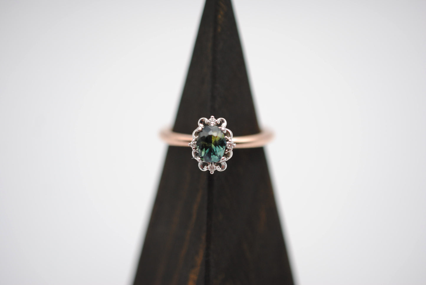 Oval Nigerian Sapphire on Rose Gold Band in Vintage Diamond White Gold Setting Ring