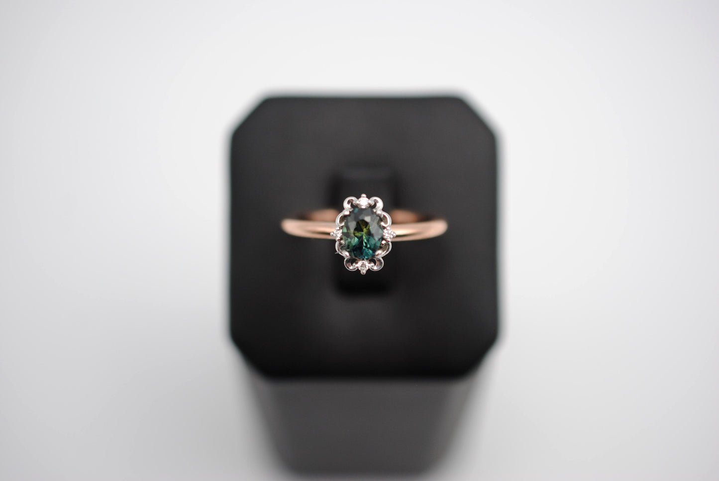 Oval Nigerian Sapphire on Rose Gold Band in Vintage Diamond White Gold Setting Ring