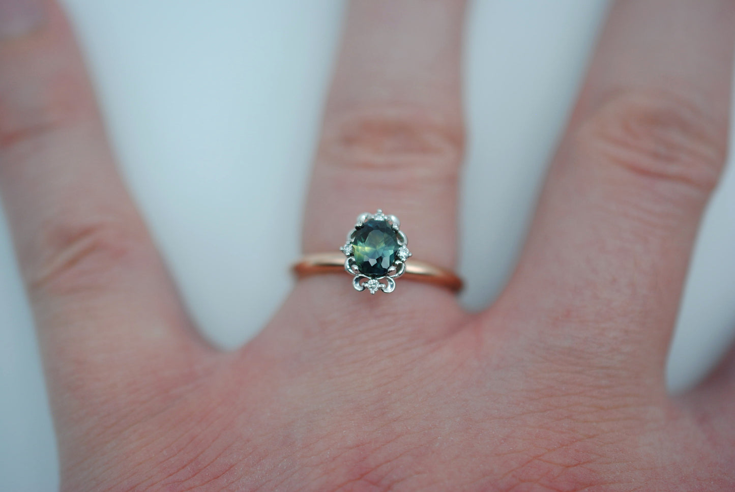 Oval Nigerian Sapphire on Rose Gold Band in Vintage Diamond White Gold Setting Ring