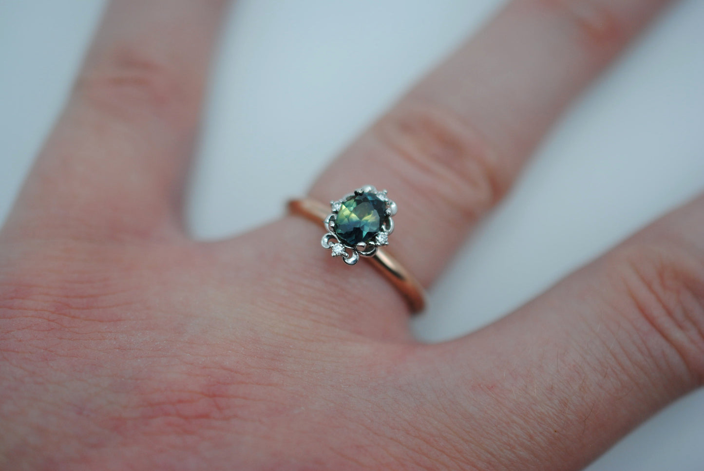 Oval Nigerian Sapphire on Rose Gold Band in Vintage Diamond White Gold Setting Ring