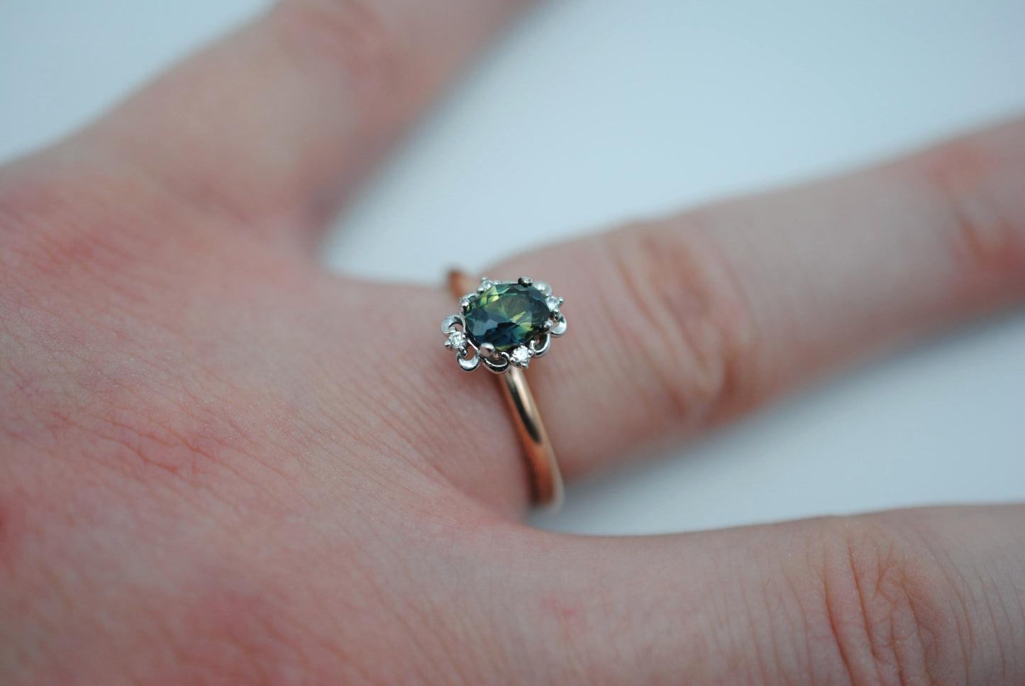 Oval Nigerian Sapphire on Rose Gold Band in Vintage Diamond White Gold Setting Ring