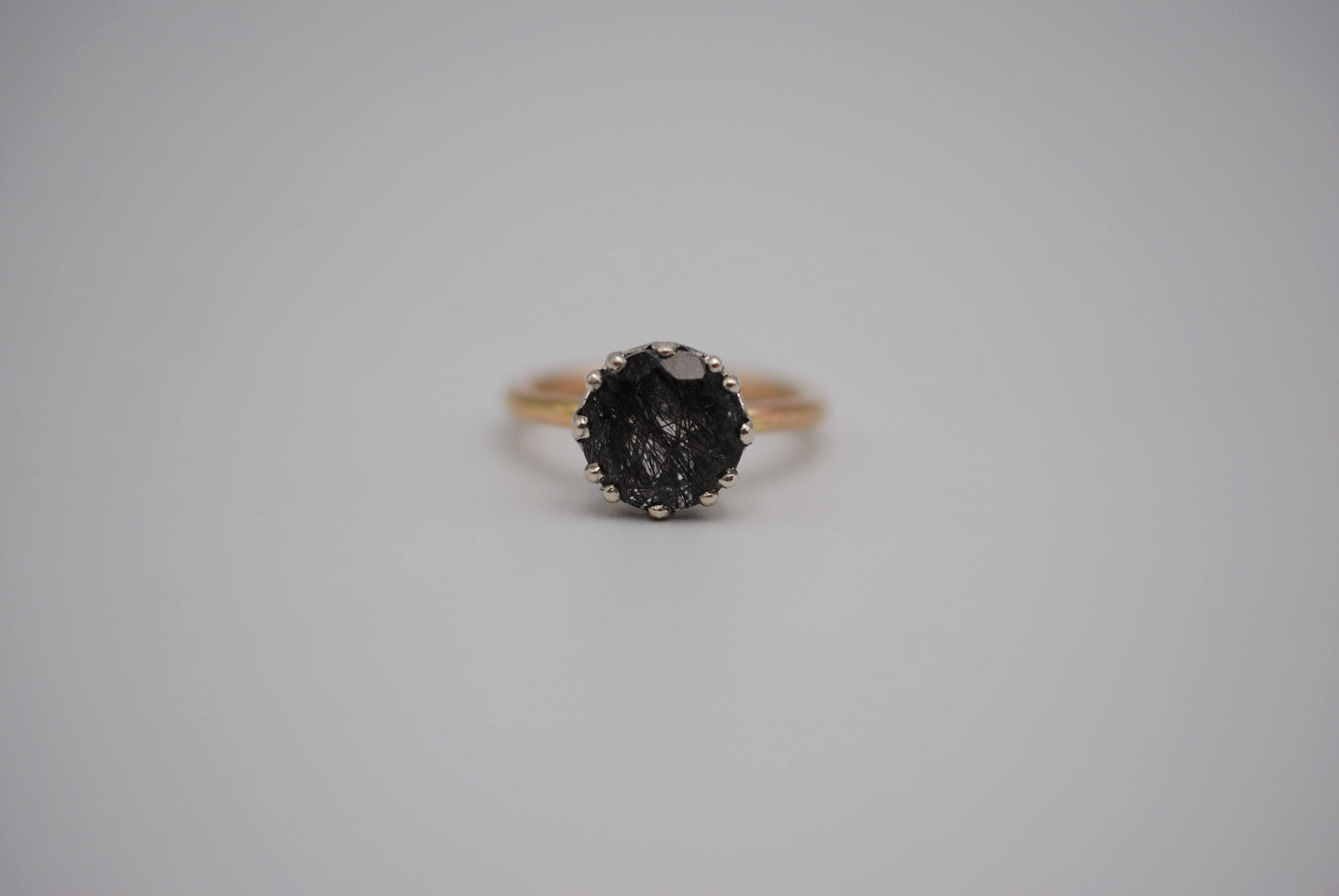 Round Rutilated Quartz on Yellow Gold Band in Prong Setting Ring