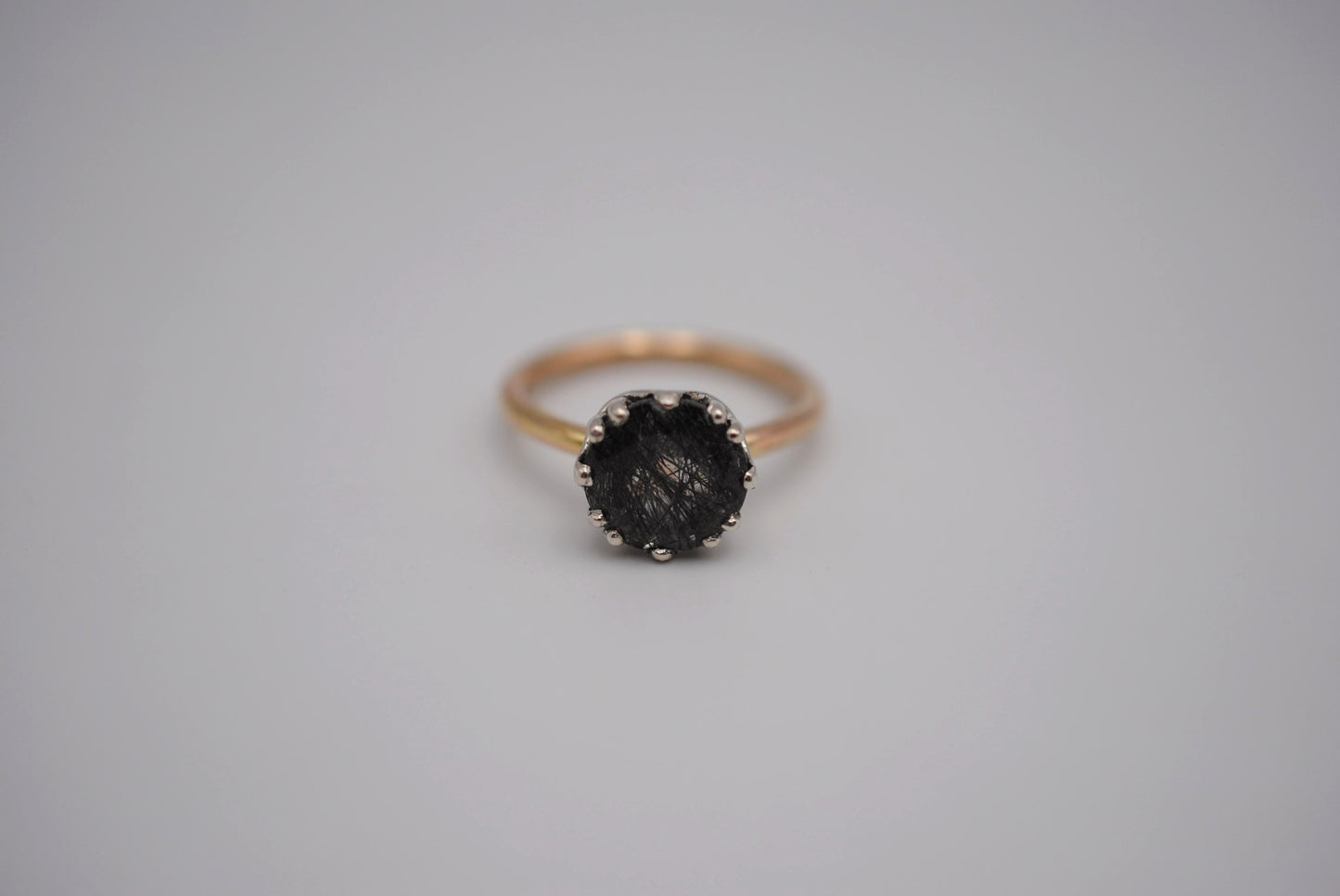 Round Rutilated Quartz on Yellow Gold Band in Prong Setting Ring