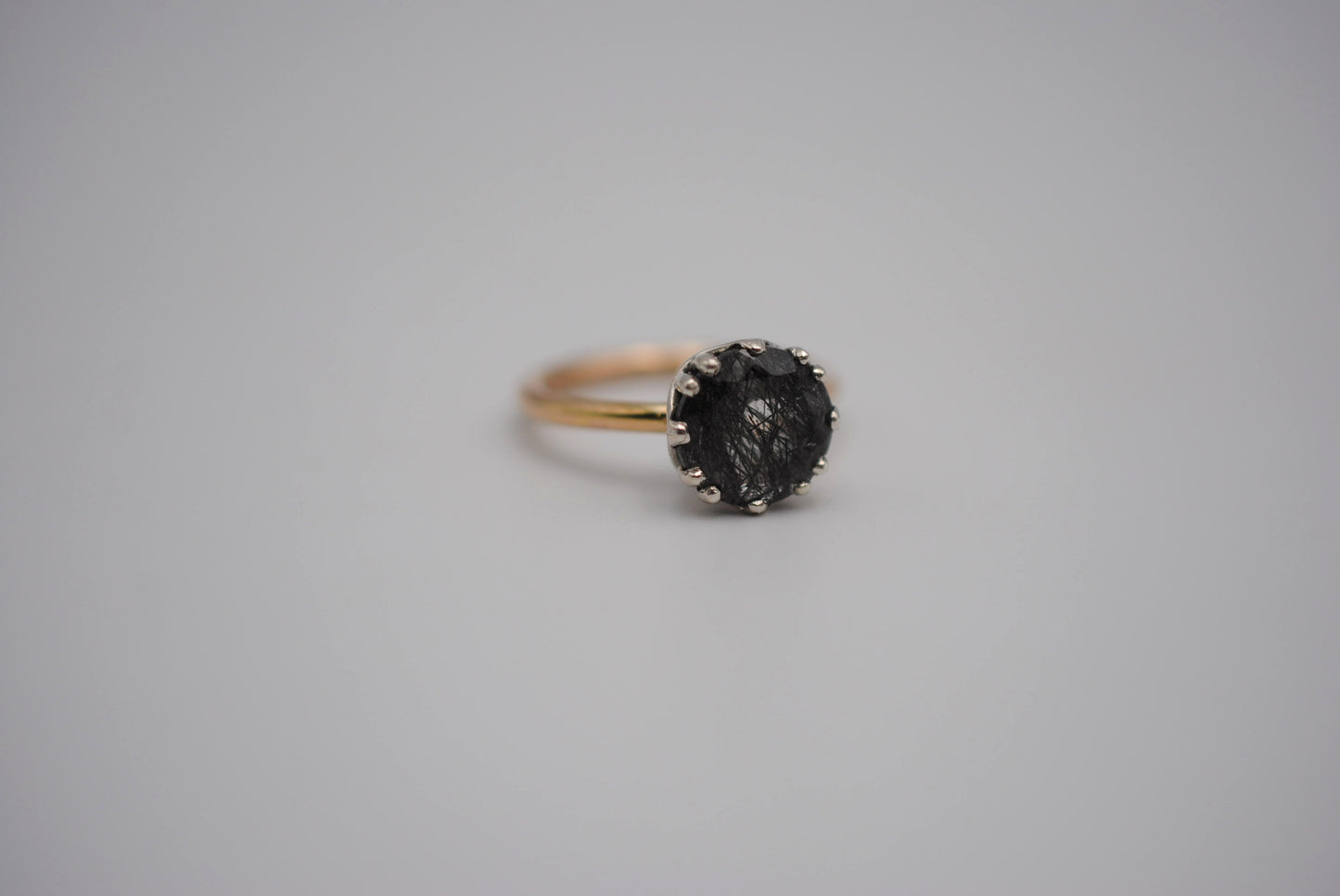 Round Rutilated Quartz on Yellow Gold Band in Prong Setting Ring