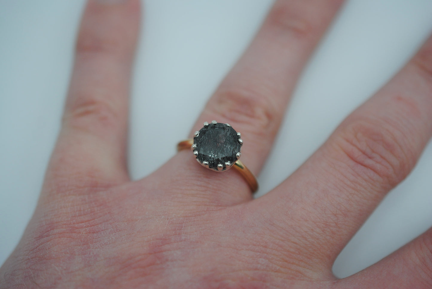 Round Rutilated Quartz on Yellow Gold Band in Prong Setting Ring