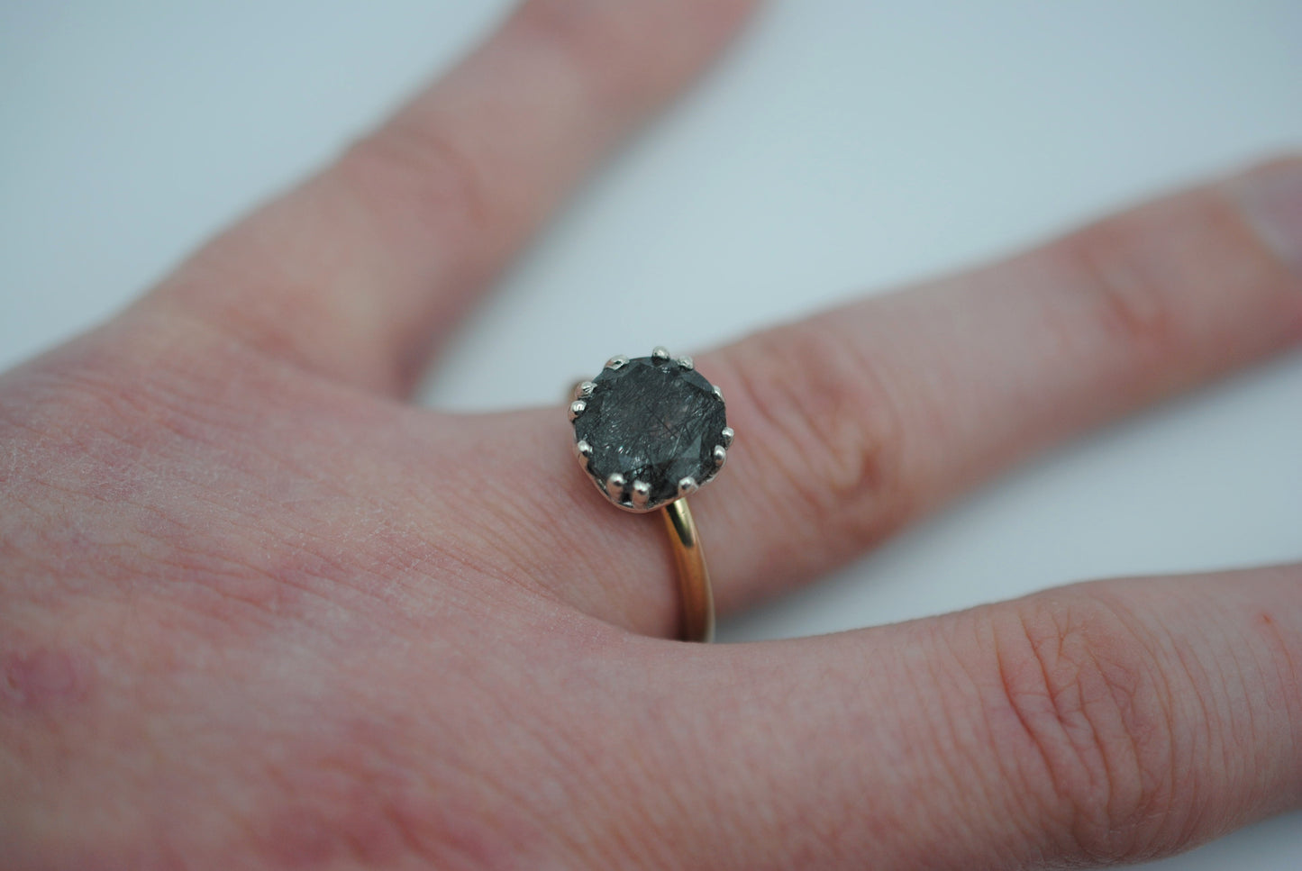 Round Rutilated Quartz on Yellow Gold Band in Prong Setting Ring