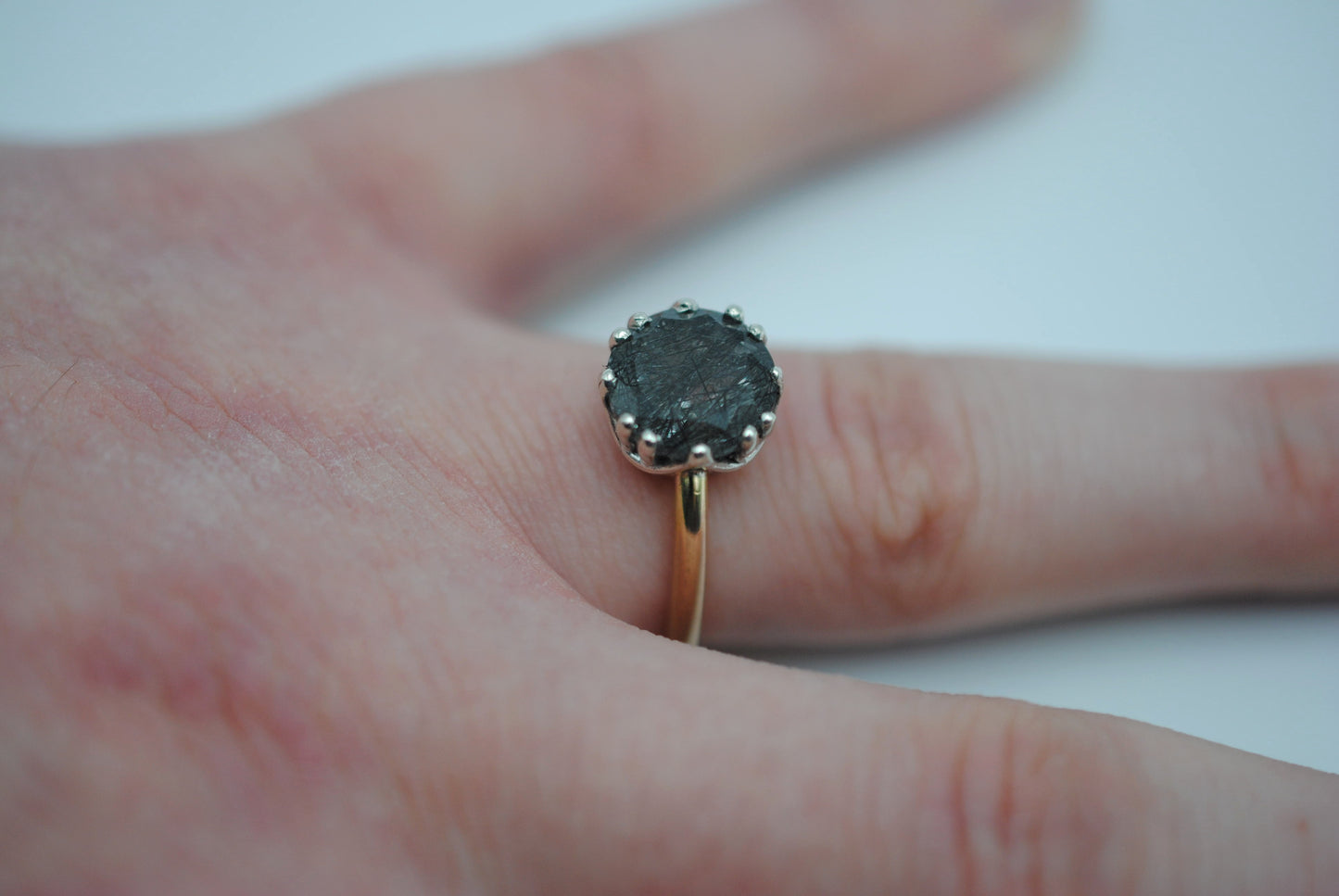 Round Rutilated Quartz on Yellow Gold Band in Prong Setting Ring
