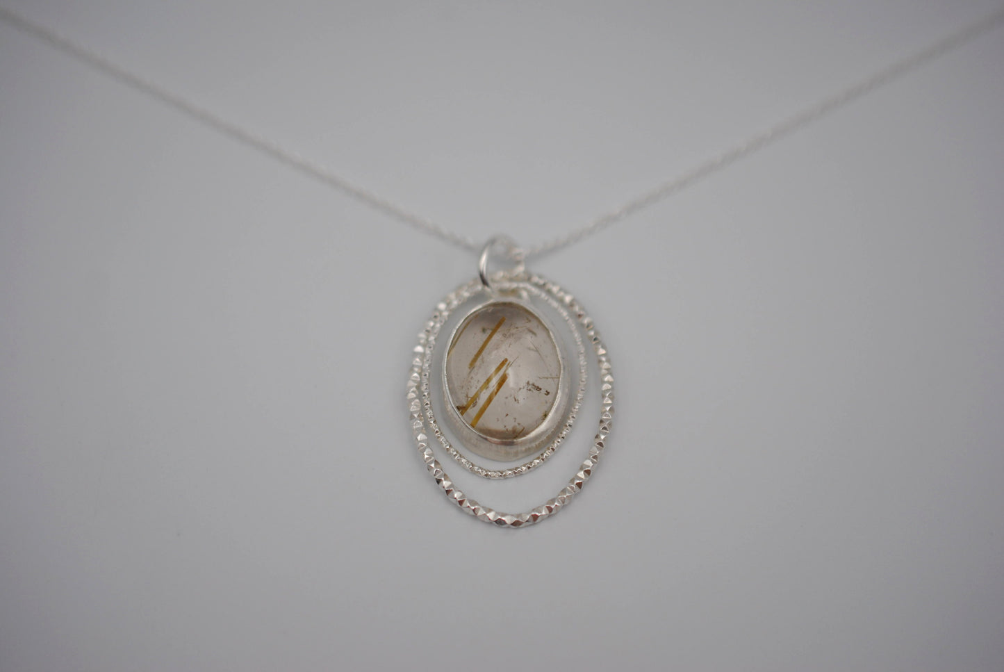 Rutilated Quartz Bezel Setting with Sparkle Halo Necklace