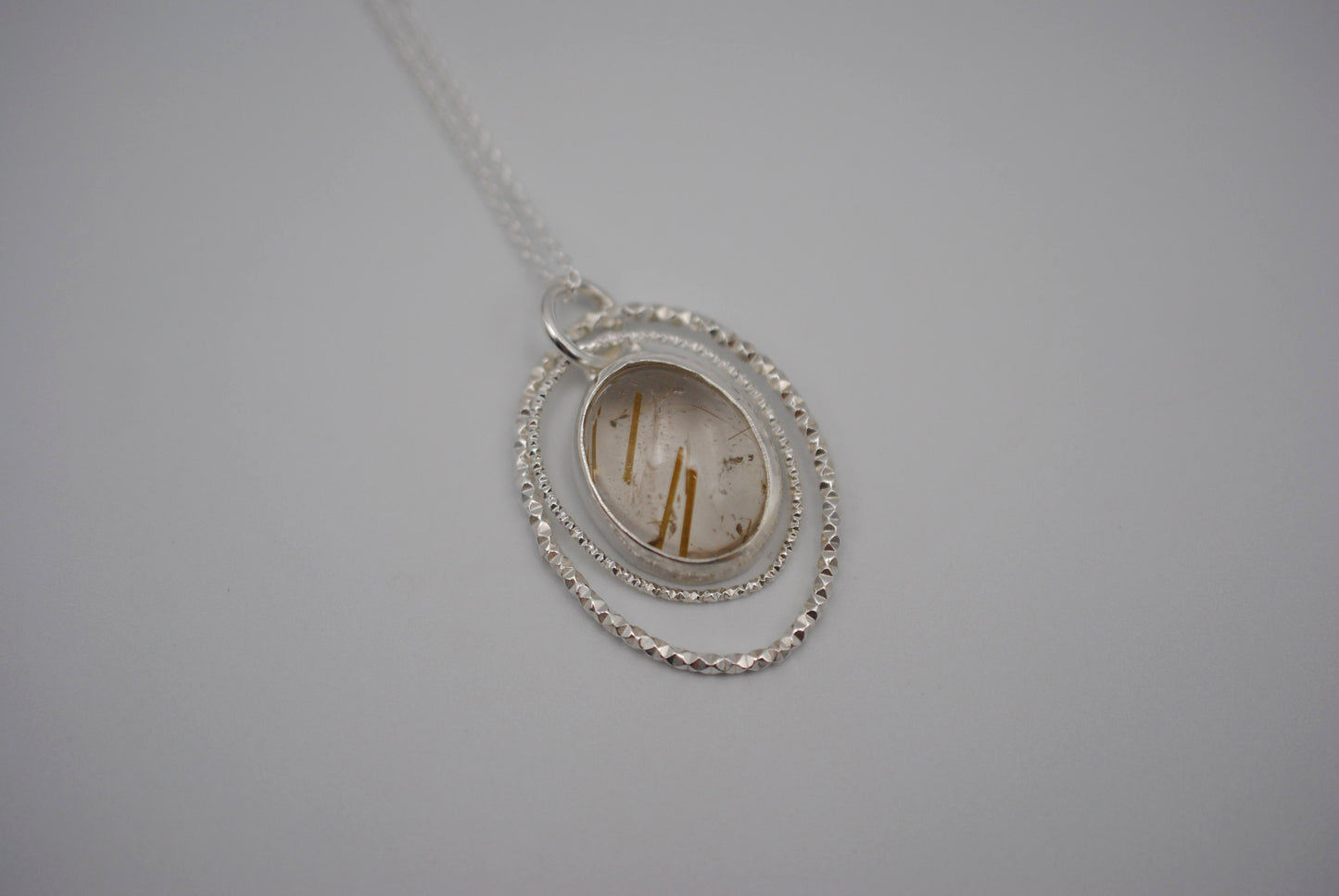 Rutilated Quartz Bezel Setting with Sparkle Halo Necklace
