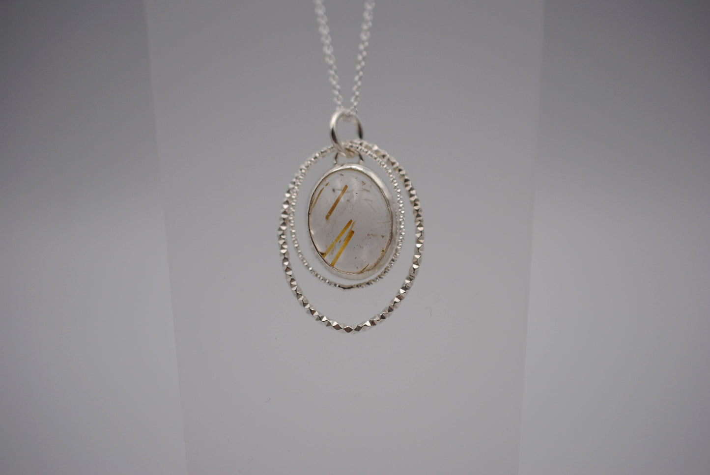Rutilated Quartz Bezel Setting with Sparkle Halo Necklace