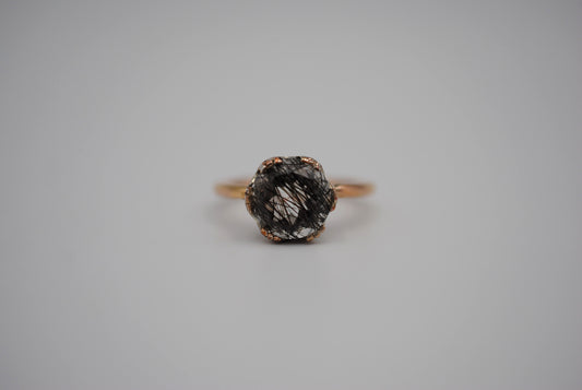 Rutilated Quartz Rose Gold Band with Mokume Gane Setting Ring