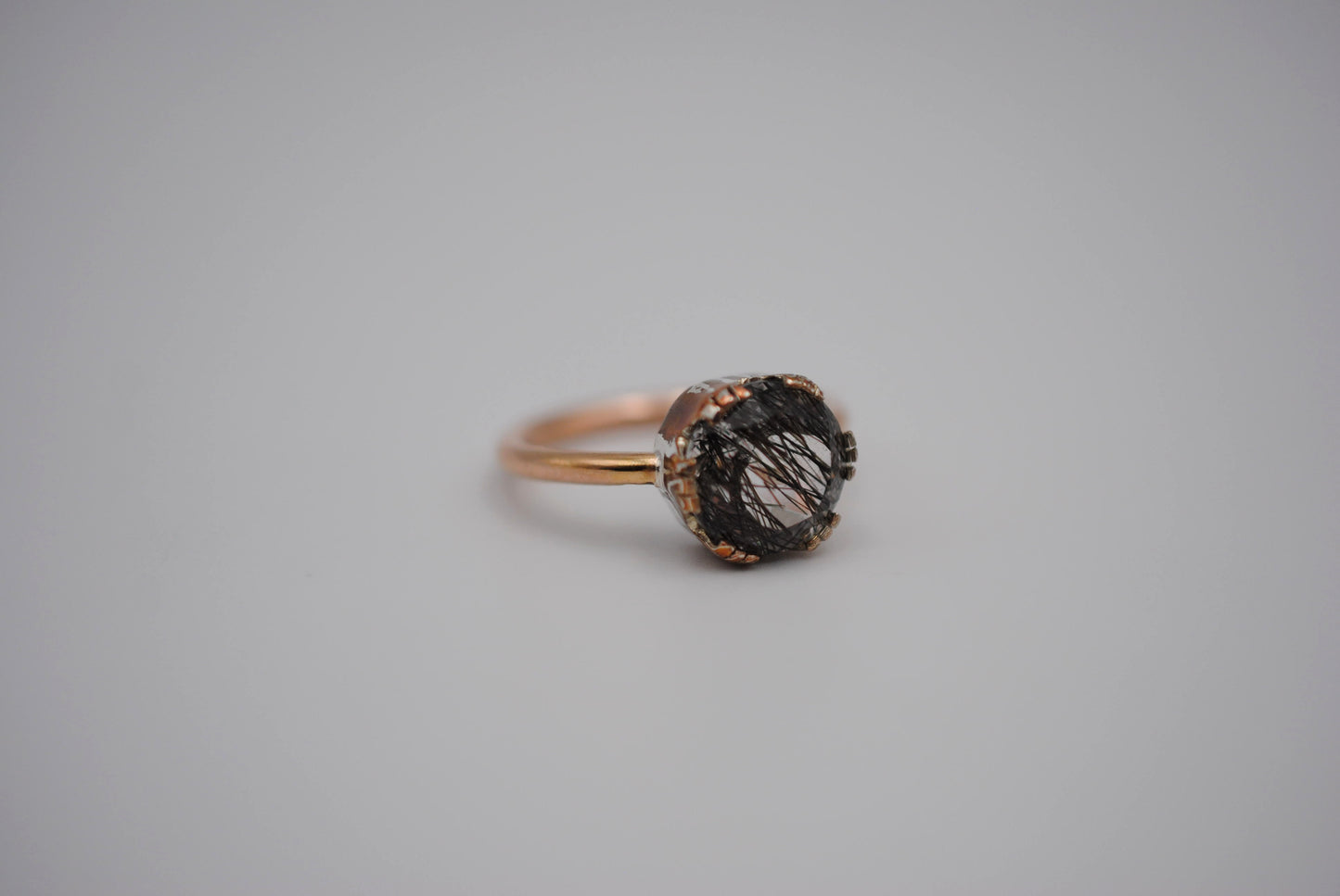Rutilated Quartz Rose Gold Band with Mokume Gane Setting Ring