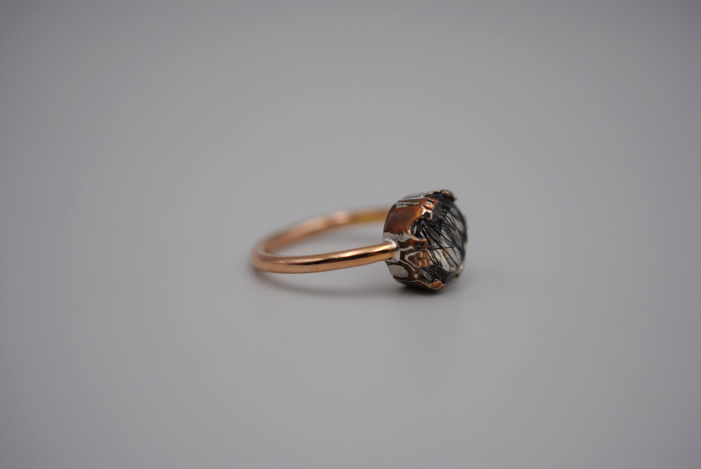 Rutilated Quartz Rose Gold Band with Mokume Gane Setting Ring