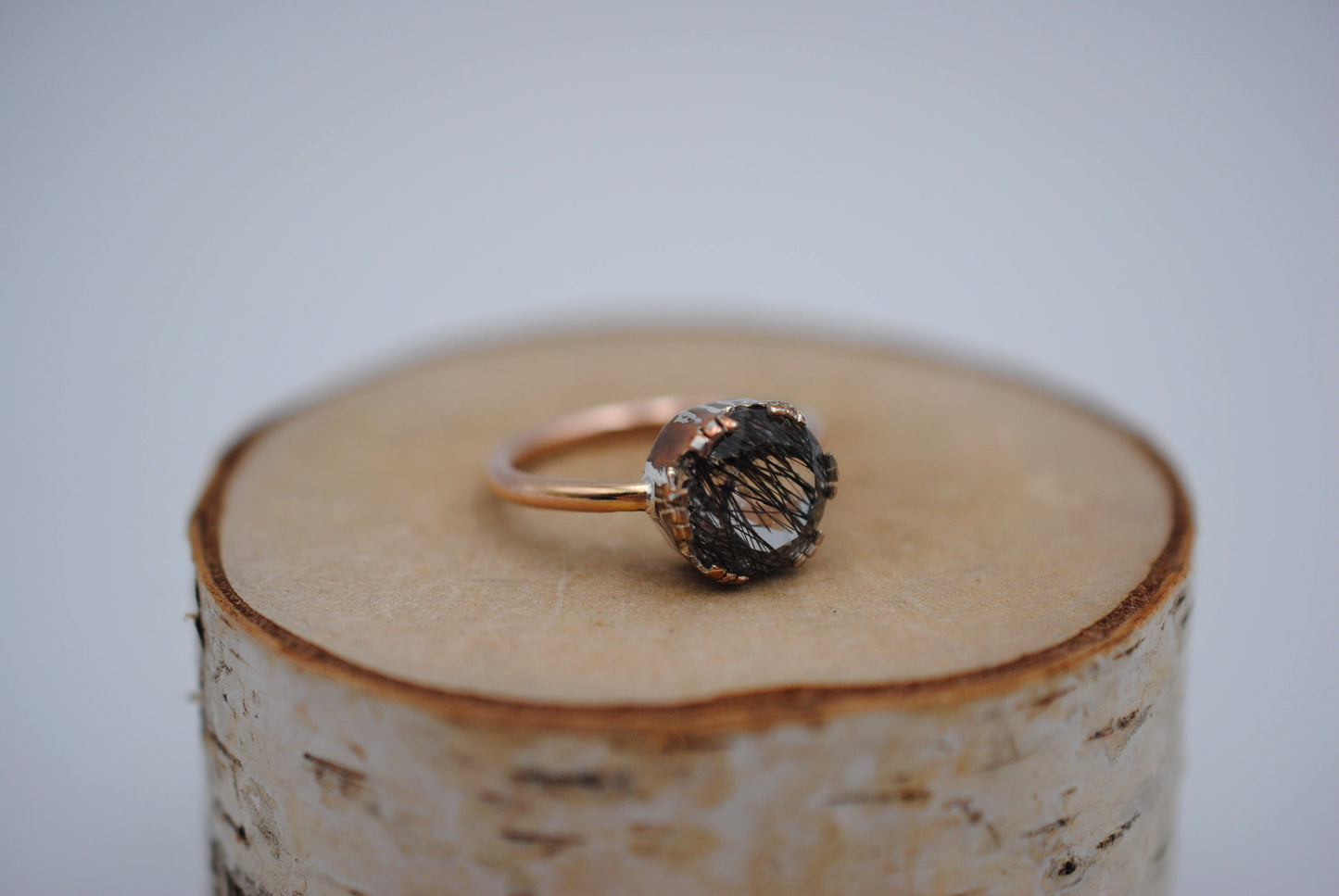 Rutilated Quartz Rose Gold Band with Mokume Gane Setting Ring